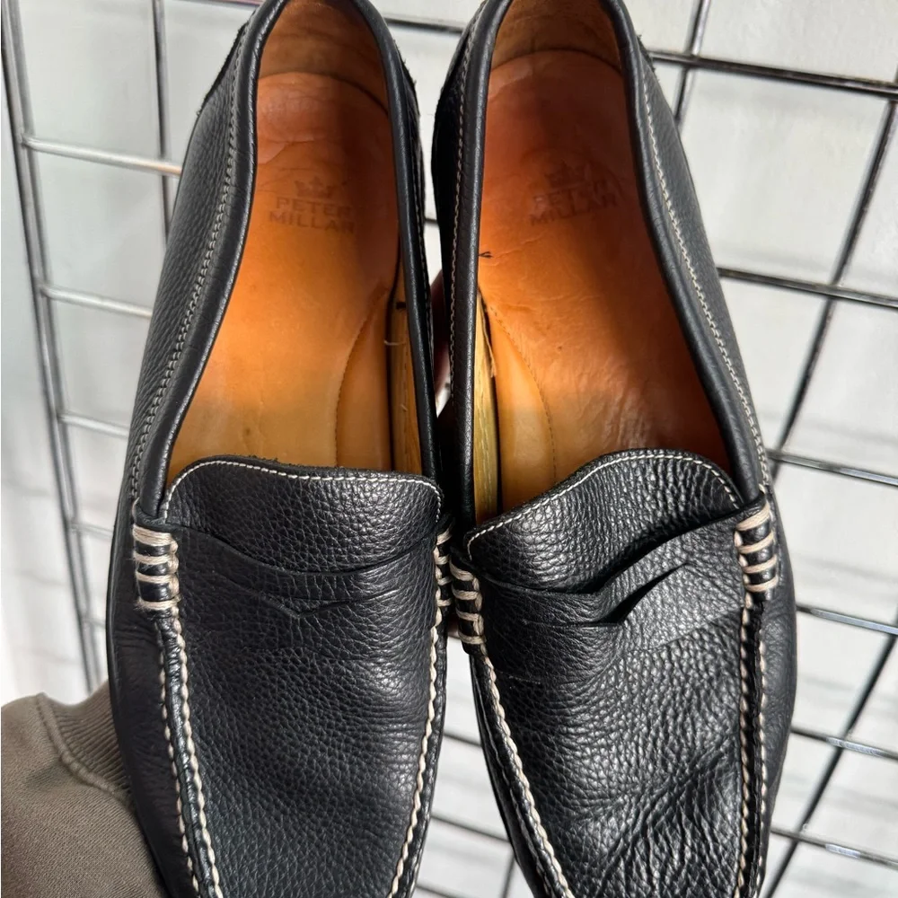 Peter Millar Black Leather Penny Driving Loafers Mens Size 10M Classic Luxe